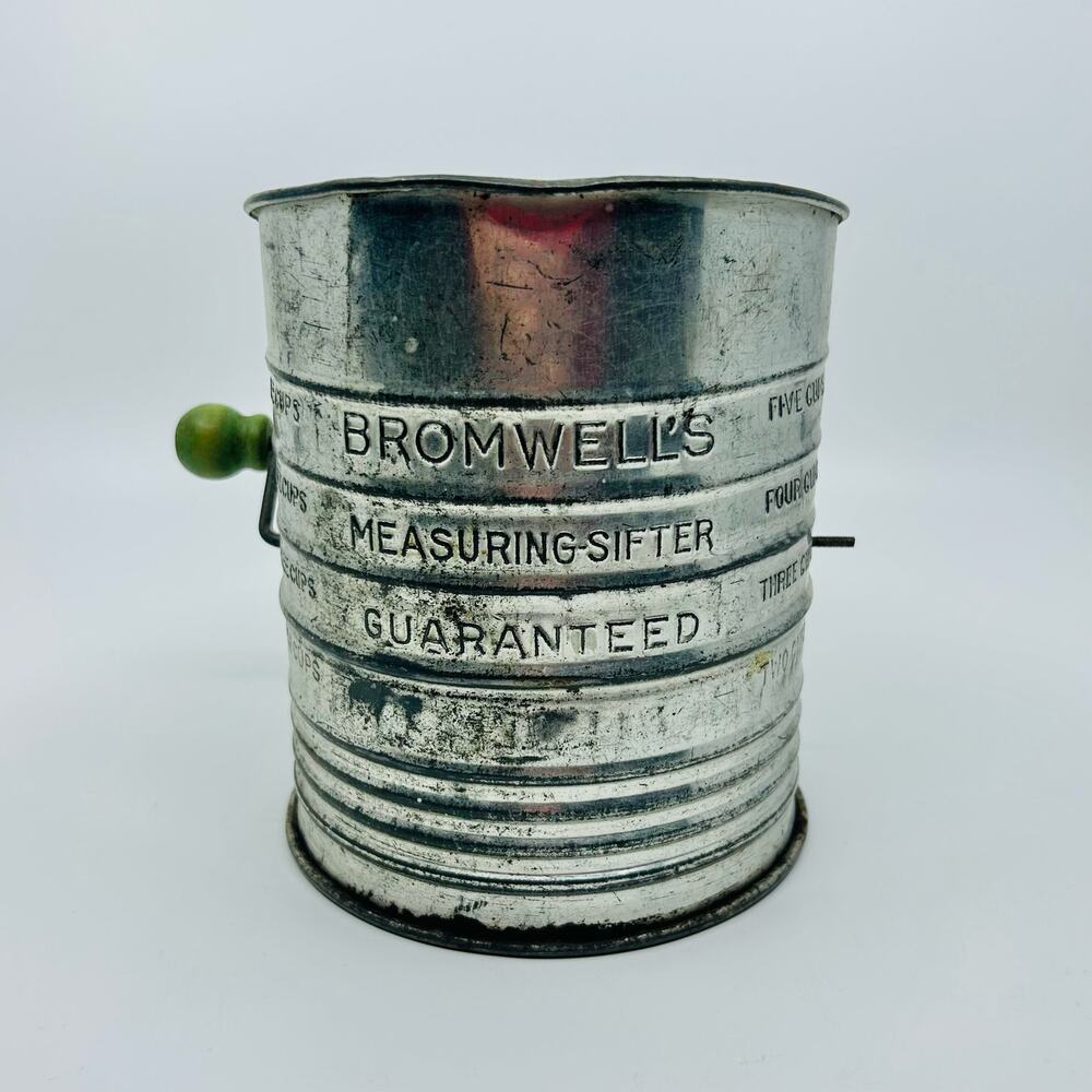 Vintage Leigh Bromwell’s No. 40 5-Cup Metal Hand Crank Flour Sifter With Handle